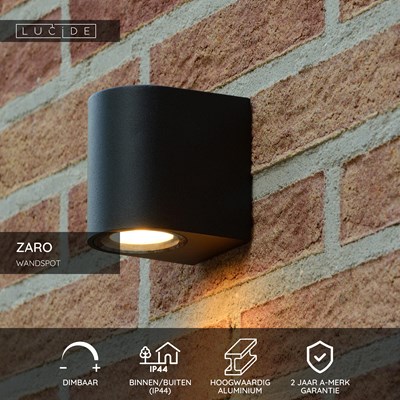 Lucide ZARO - Wandspot / Wandlamp Binnen/Buiten - 1xGU10 - IP44 - Zwart